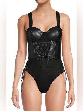 OPPA Black Leather Lace Up Bodysuit